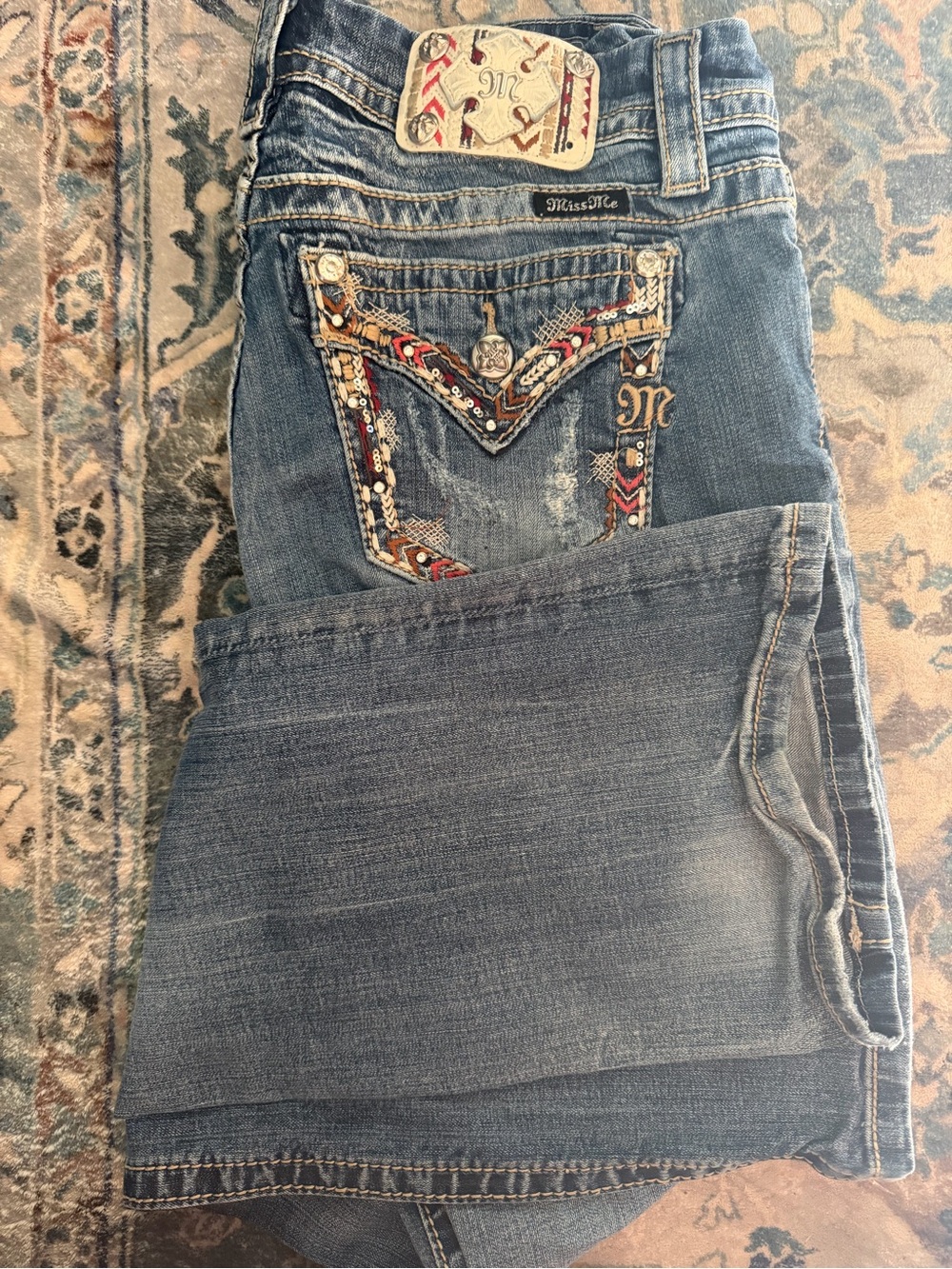 Miss Me Blue Denim Bootcut Jeans with Multicolor Embellished Pockets